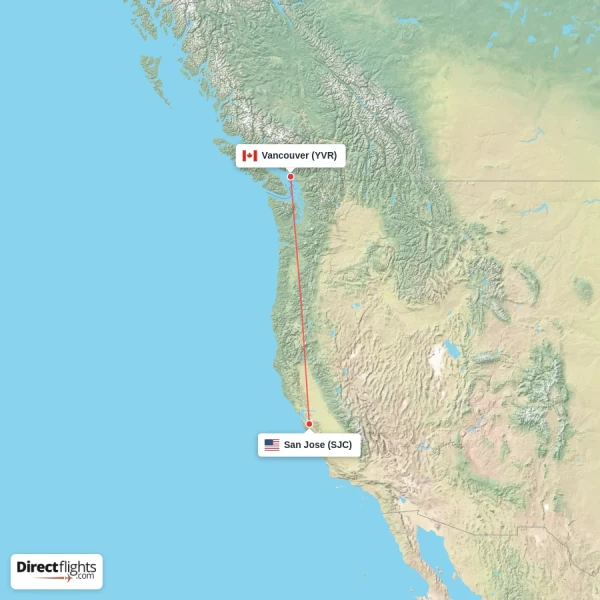 San Jose - Vancouver direct flight map
