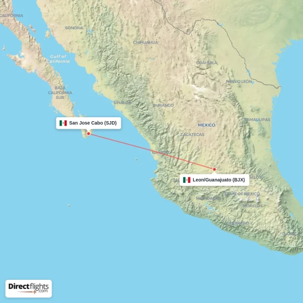San Jose Cabo - Leon/Guanajuato direct flight map