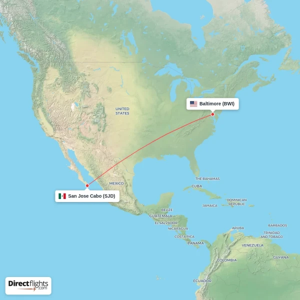 San Jose Cabo - Baltimore direct flight map