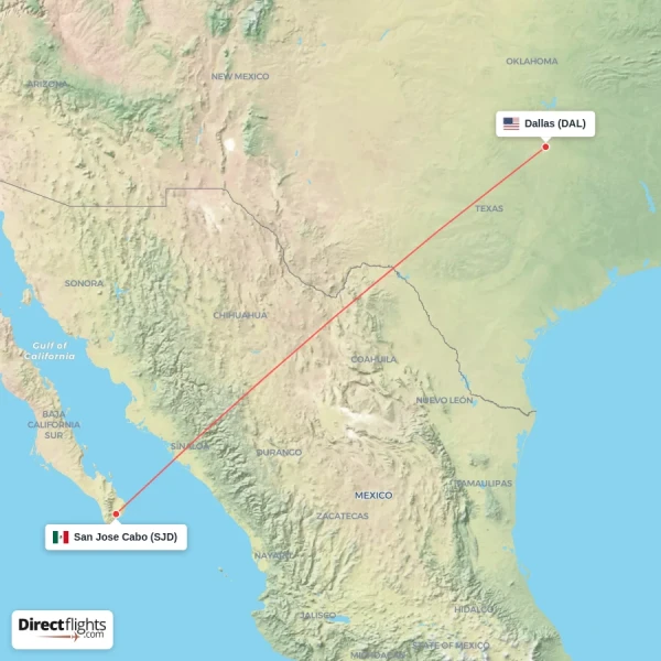 San Jose Cabo - Dallas direct flight map