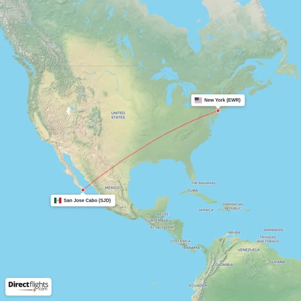 San Jose Cabo - New York direct flight map