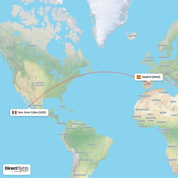 San Jose Cabo - Madrid direct flight map