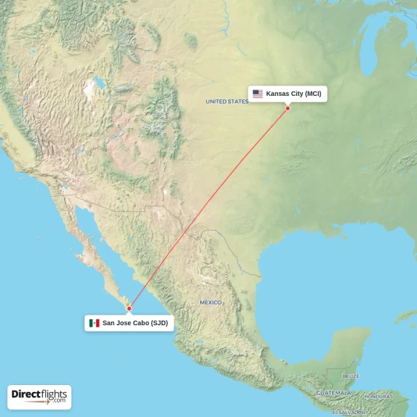 San Jose Cabo - Kansas City direct flight map