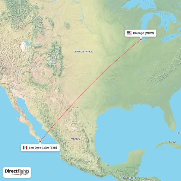 San Jose Cabo - Chicago direct flight map