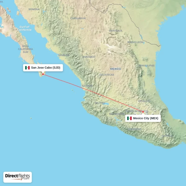 San Jose Cabo - Mexico City direct flight map