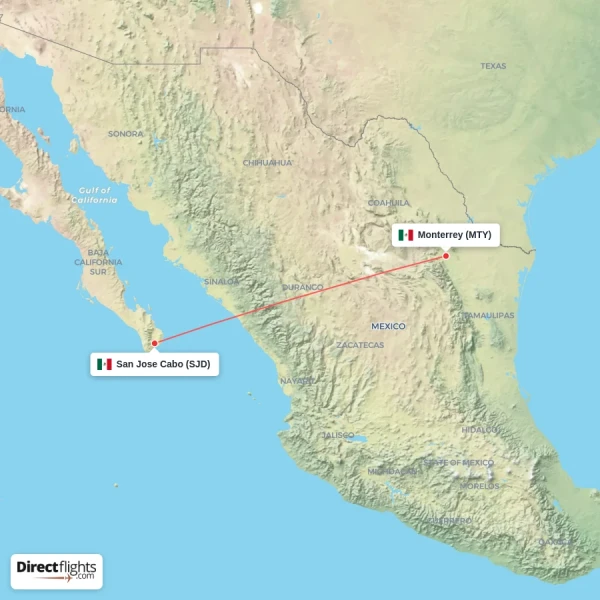 San Jose Cabo - Monterrey direct flight map