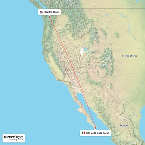 San Jose Cabo - Seattle direct flight map