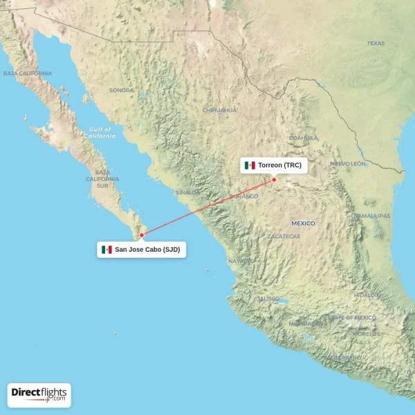 San Jose Cabo - Torreon direct flight map