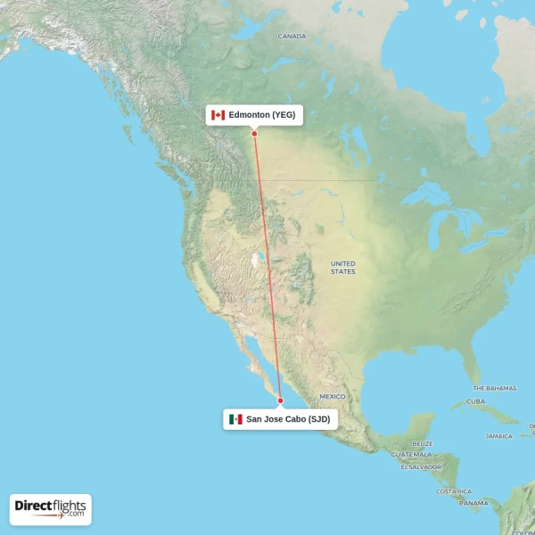 San Jose Cabo - Edmonton direct flight map