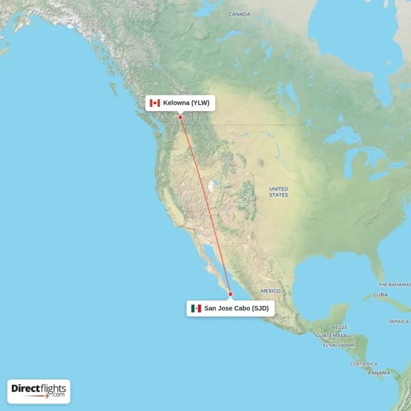 San Jose Cabo - Kelowna direct flight map