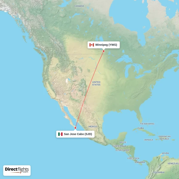 San Jose Cabo - Winnipeg direct flight map