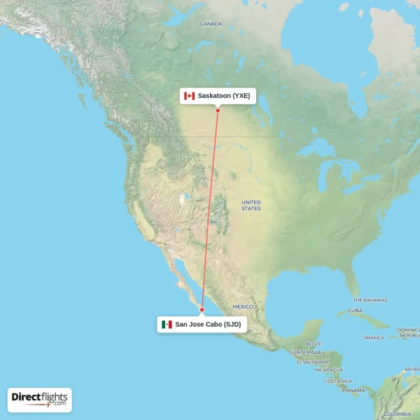 San Jose Cabo - Saskatoon direct flight map