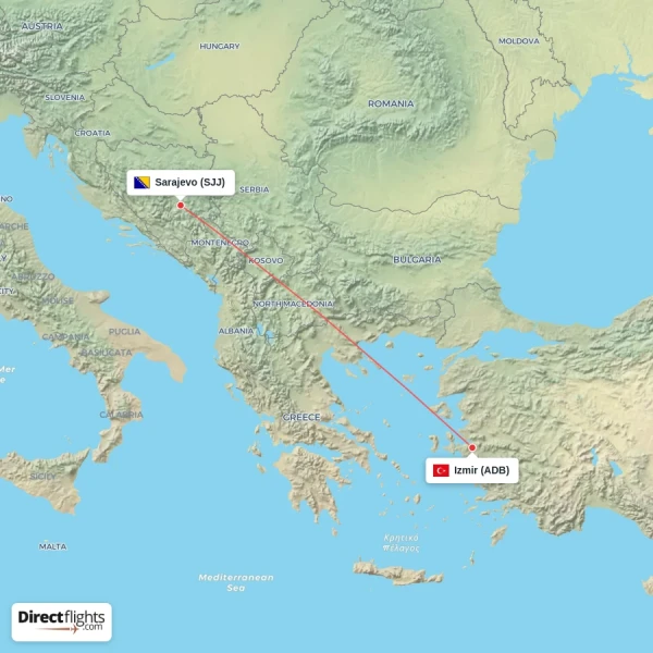 Sarajevo - Izmir direct flight map