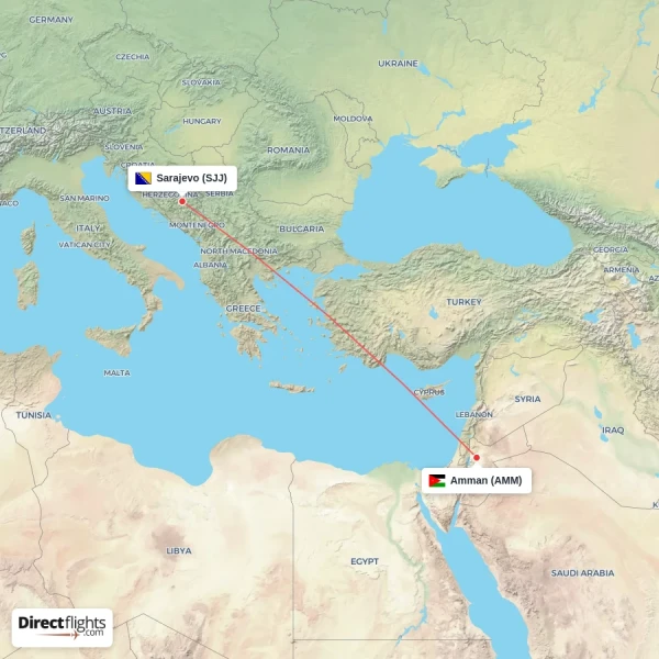 Sarajevo - Amman direct flight map
