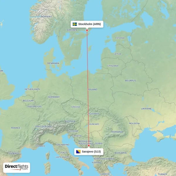 Sarajevo - Stockholm direct flight map