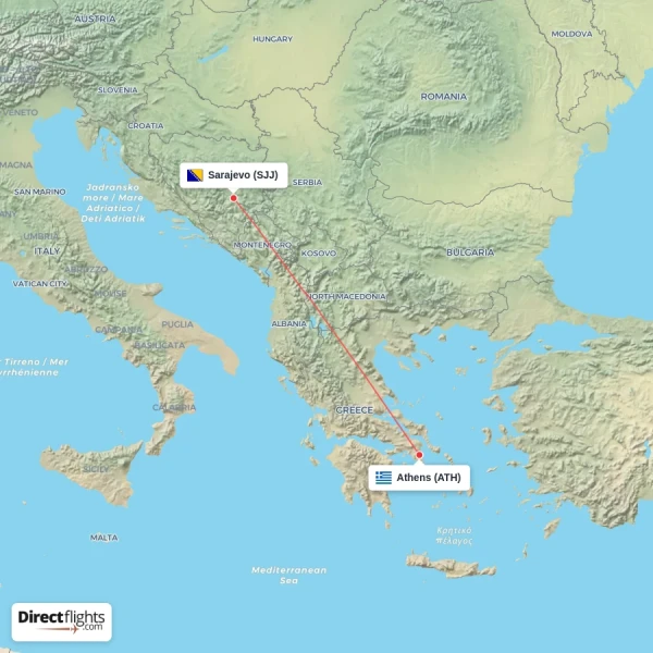 Sarajevo - Athens direct flight map