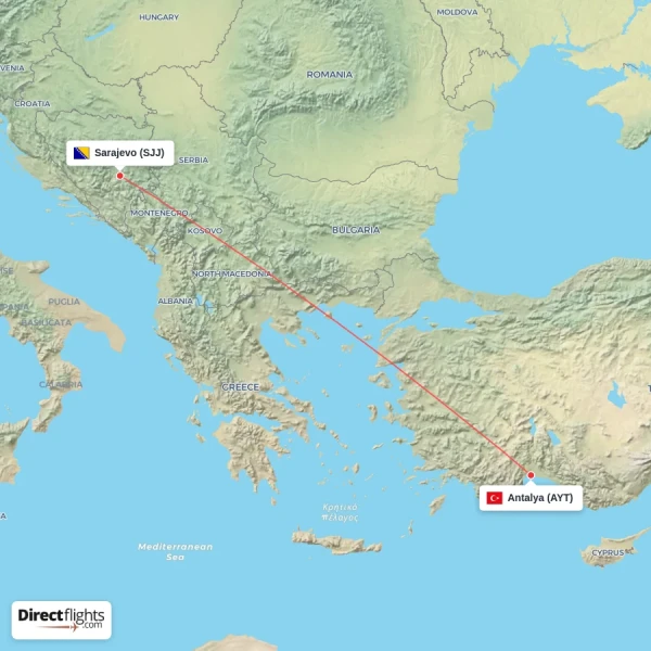 Sarajevo - Antalya direct flight map
