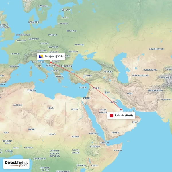 Sarajevo - Bahrain direct flight map