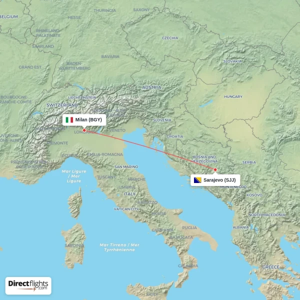 Sarajevo - Milan direct flight map