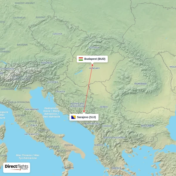 Sarajevo - Budapest direct flight map