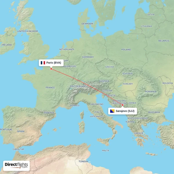 Sarajevo - Paris direct flight map