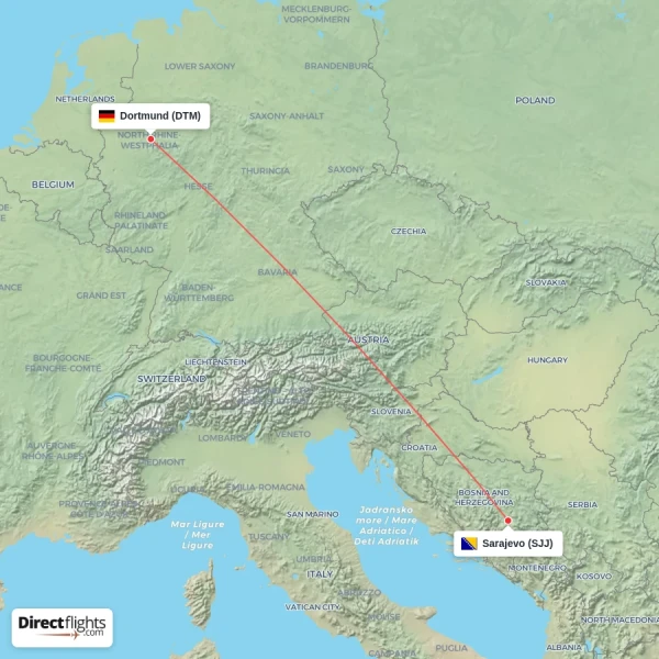 Sarajevo - Dortmund direct flight map