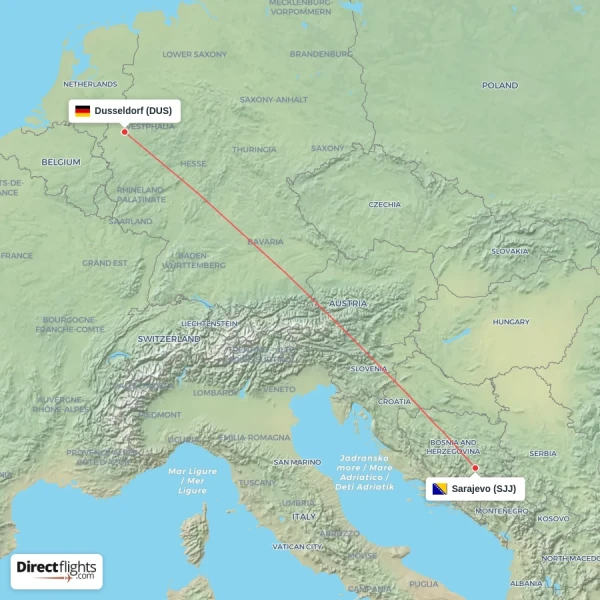 Sarajevo - Dusseldorf direct flight map