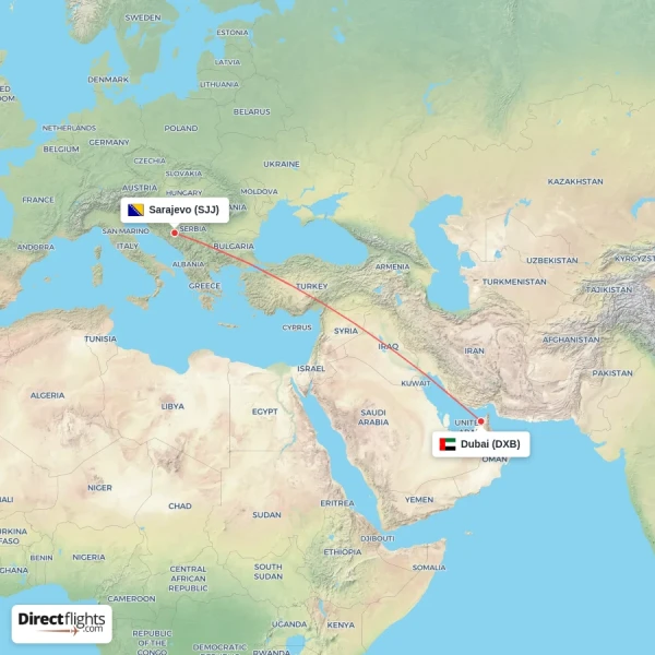 Sarajevo - Dubai direct flight map