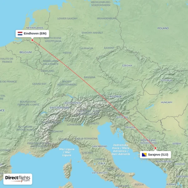 Sarajevo - Eindhoven direct flight map
