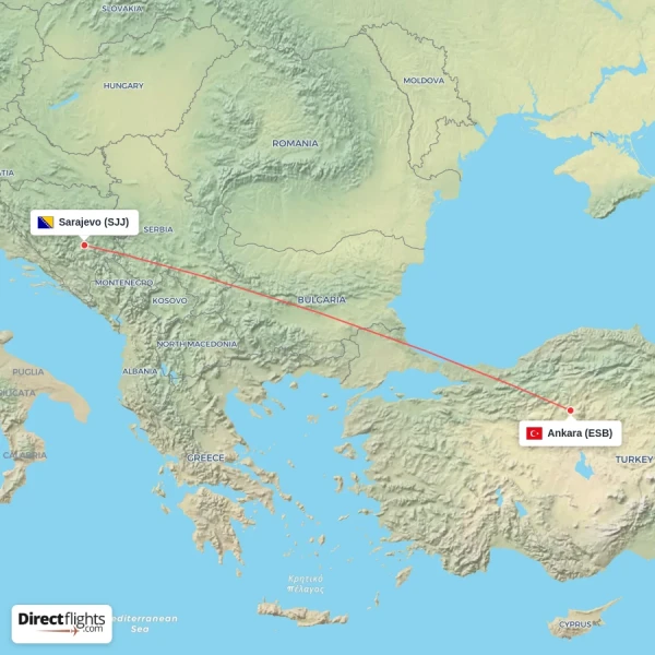 Sarajevo - Ankara direct flight map