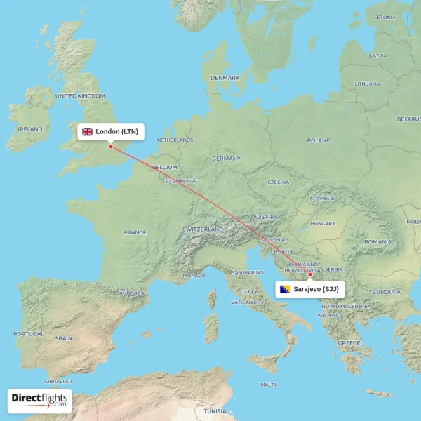 Sarajevo - London direct flight map