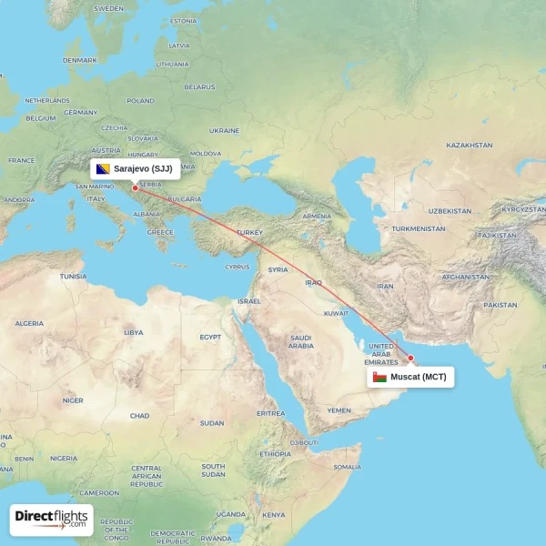 Sarajevo - Muscat direct flight map