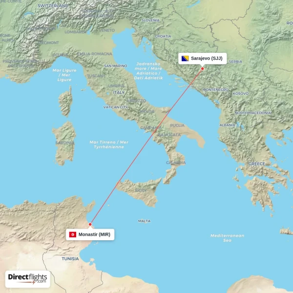Sarajevo - Monastir direct flight map
