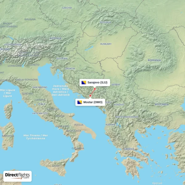 Sarajevo - Mostar direct flight map