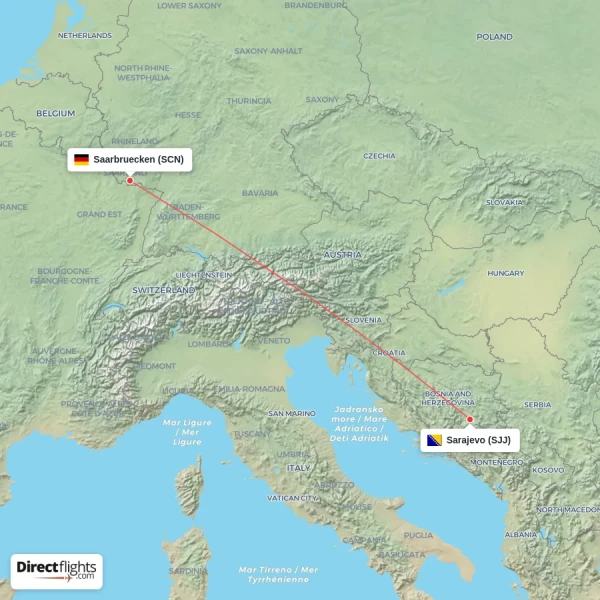 Sarajevo - Saarbruecken direct flight map