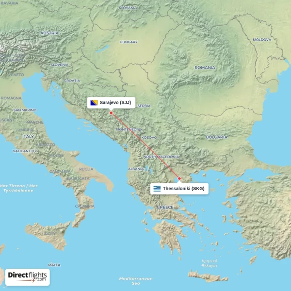Sarajevo - Thessaloniki direct flight map