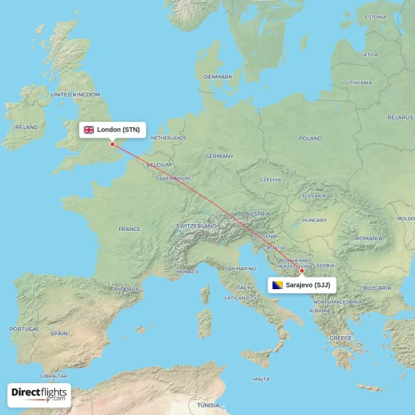 Sarajevo - London direct flight map