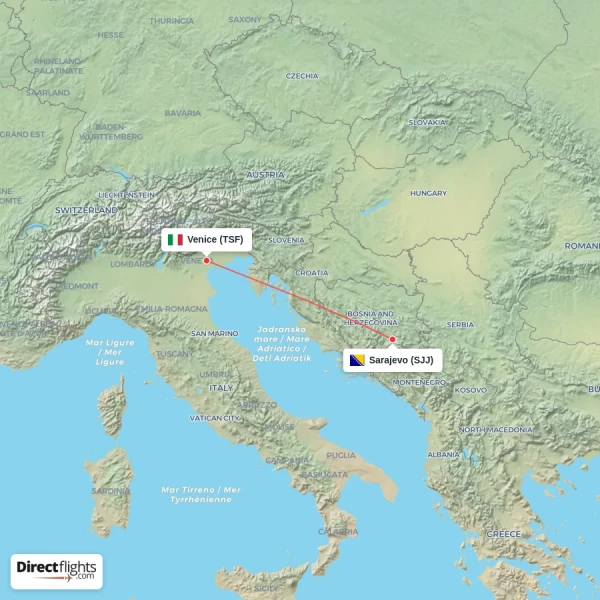 Sarajevo - Venice direct flight map