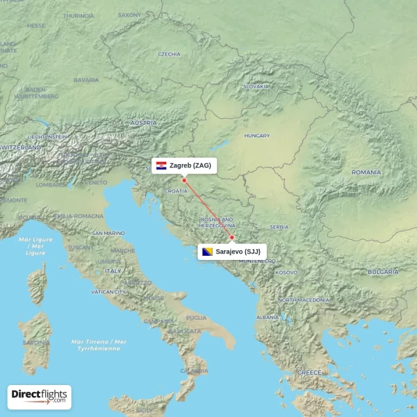 Sarajevo - Zagreb direct flight map