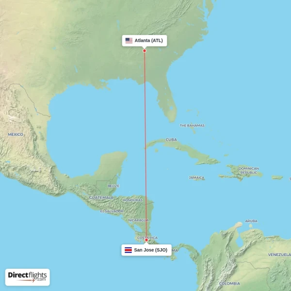 San Jose - Atlanta direct flight map