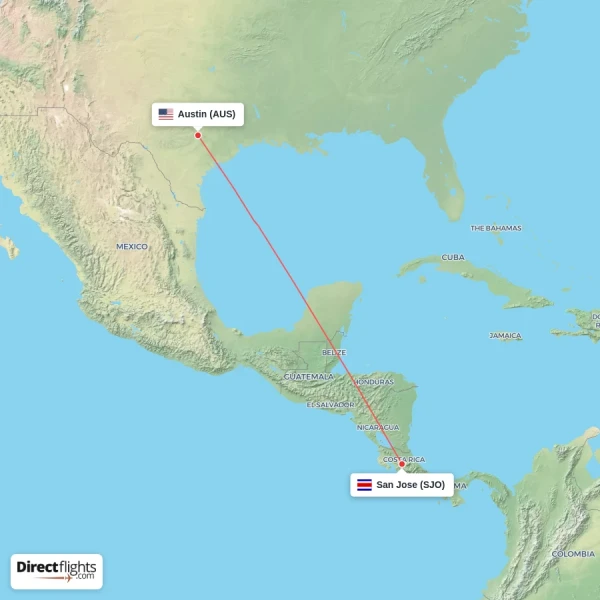 San Jose - Austin direct flight map