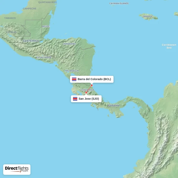 San Jose - Barra del Colorado direct flight map