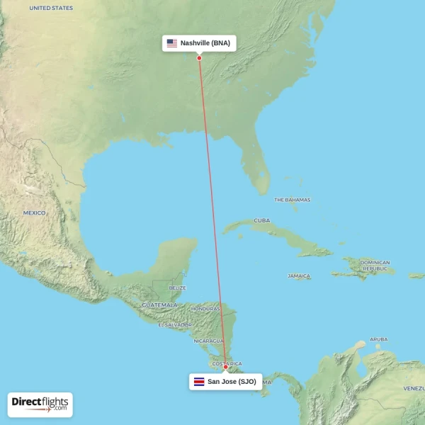 San Jose - Nashville direct flight map