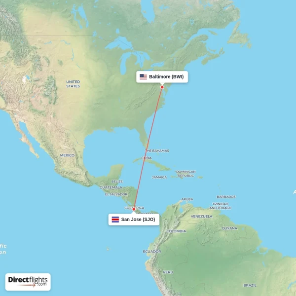 San Jose - Baltimore direct flight map