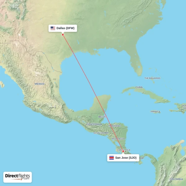 San Jose - Dallas direct flight map
