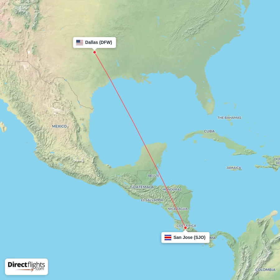 SJO - DFW route map