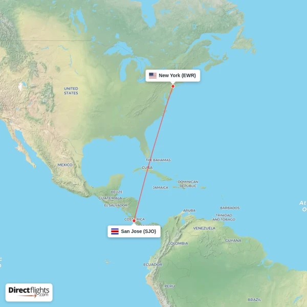 San Jose - New York direct flight map