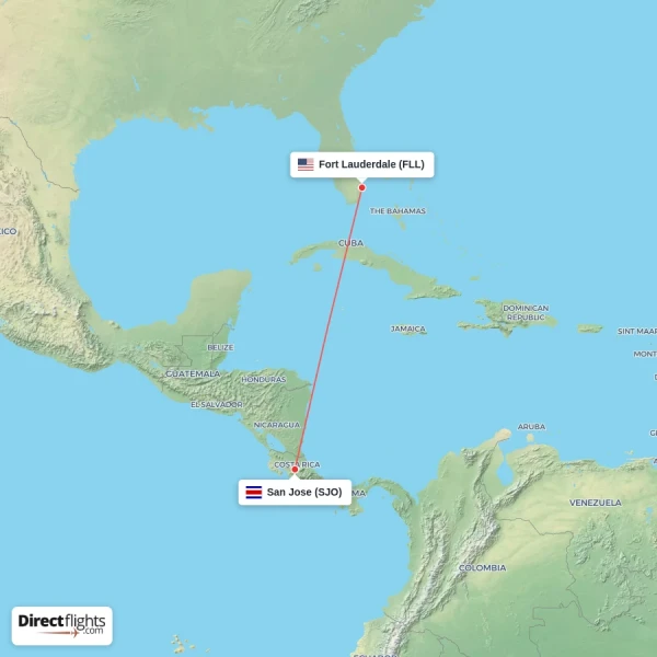 San Jose - Fort Lauderdale direct flight map