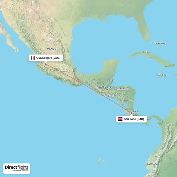 San Jose - Guadalajara direct flight map