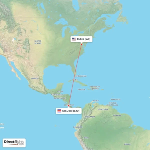 San Jose - Dulles direct flight map